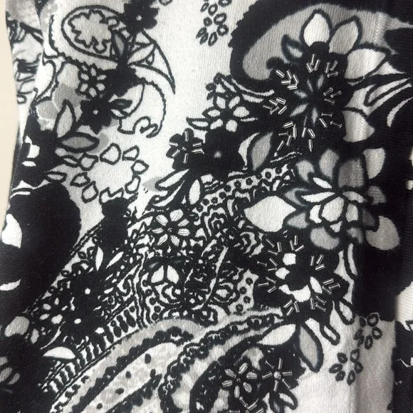 💛 Hampshire Studio Black and White Paisley Embellished Cardigan Open Sweater - Picture 7 of 9